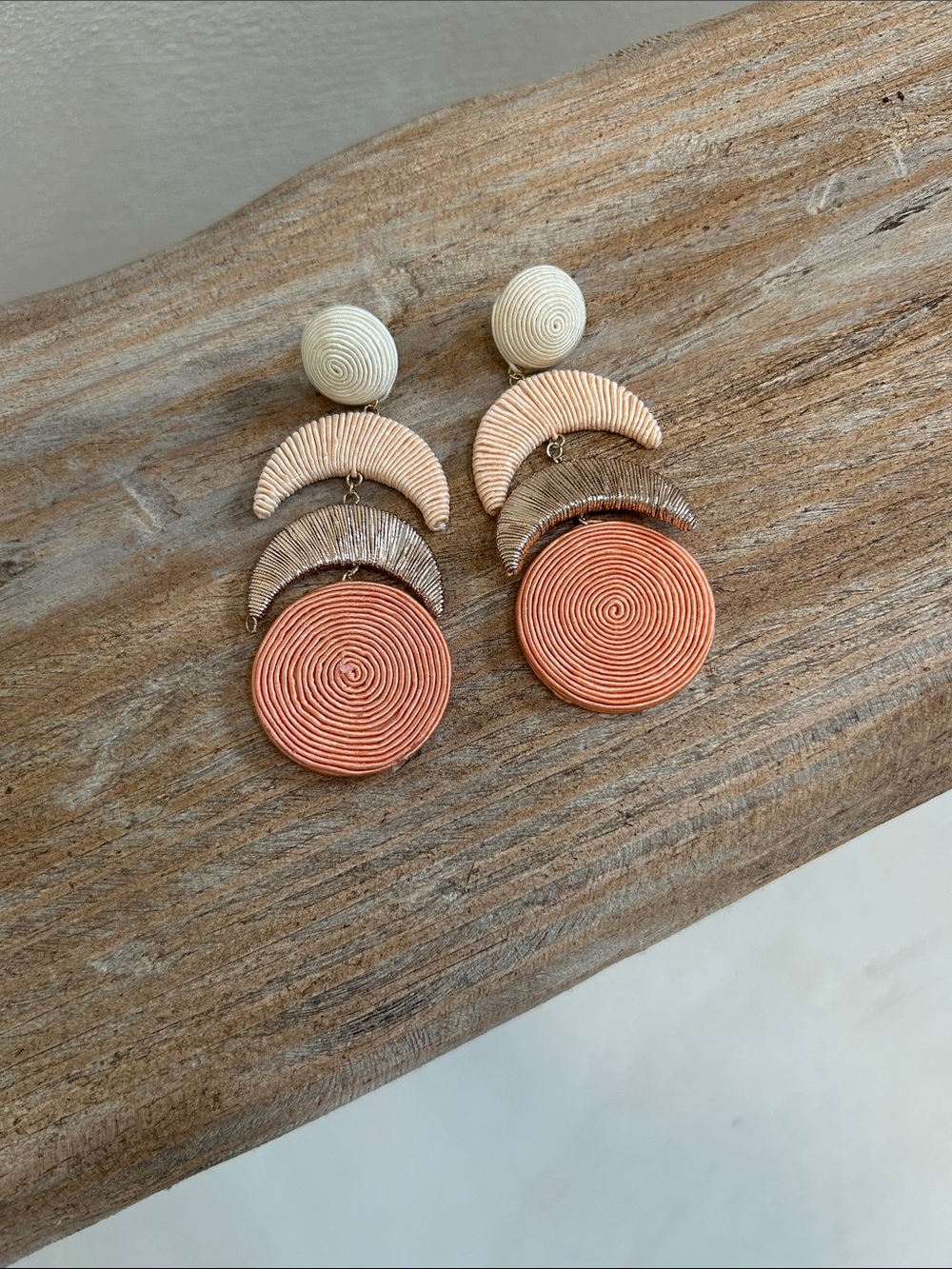 Anthropologie Coral & Neutral Layered Woven Drop Earrings 4 inches